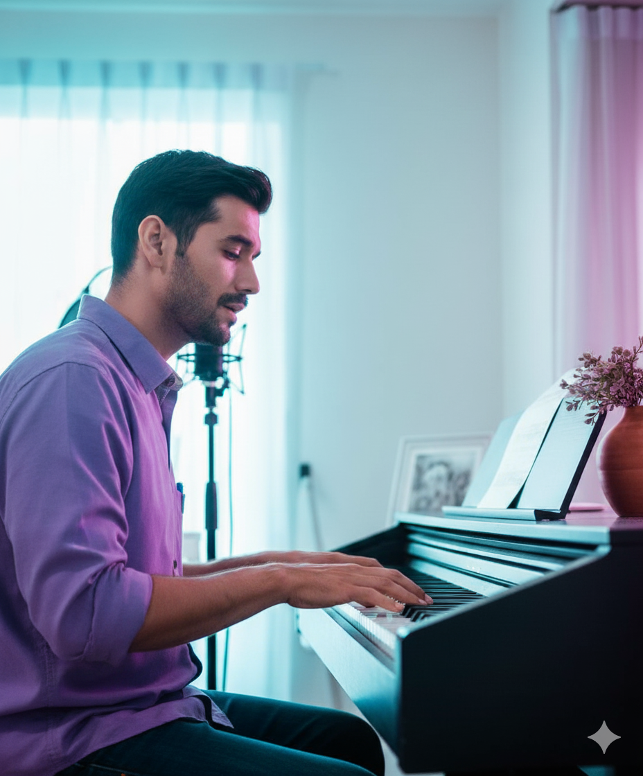 Music teacher conducting online lesson with students